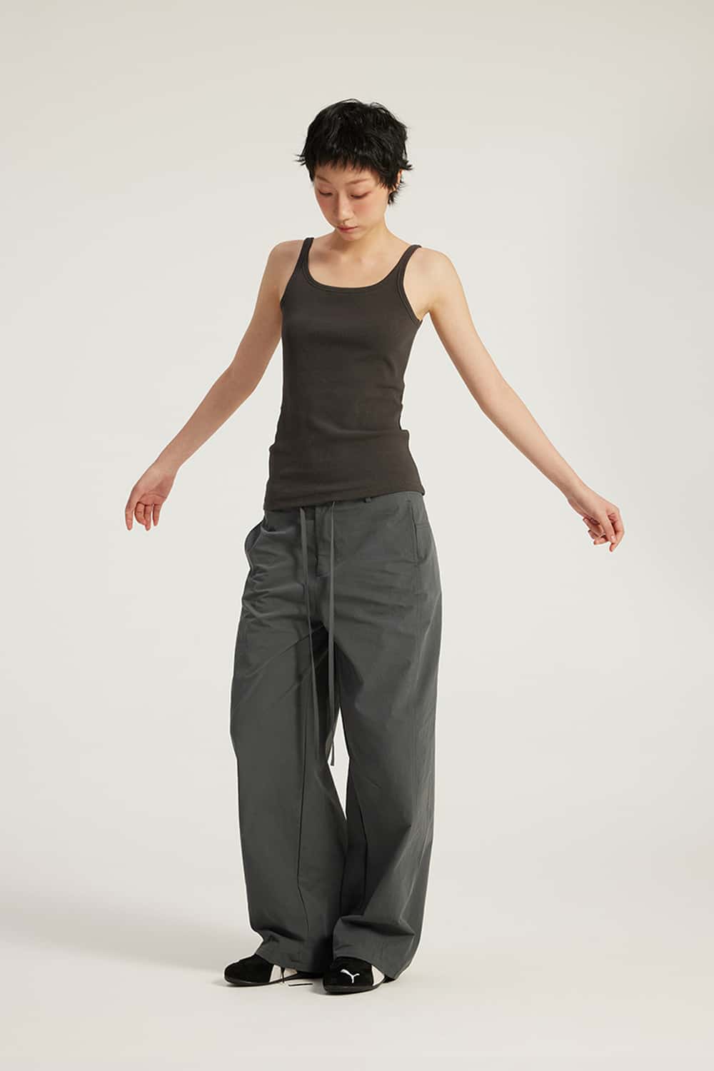 Ribbed Square-Neck Fitted Tank - Dark Gray
