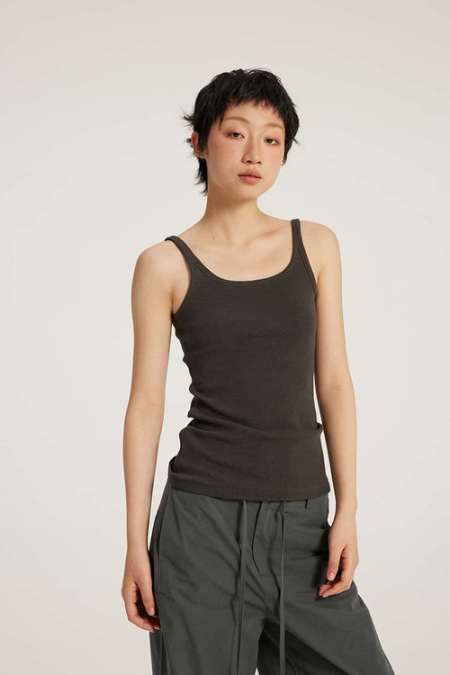 Ribbed Square-Neck Fitted Tank - Dark Gray