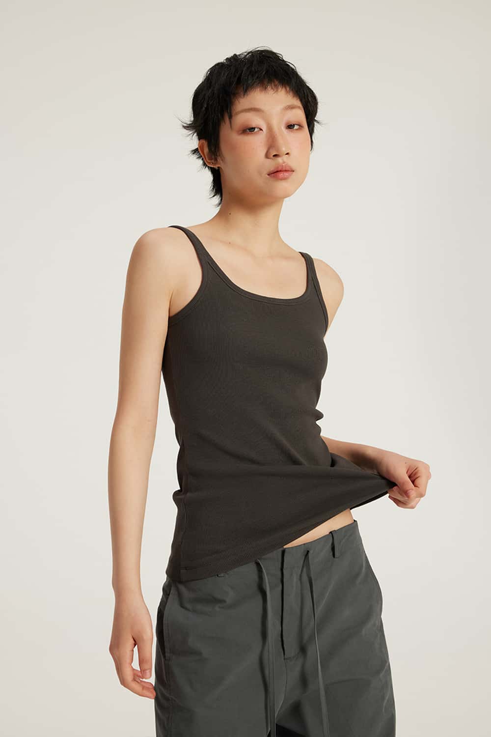 Ribbed Square-Neck Fitted Tank - Dark Gray