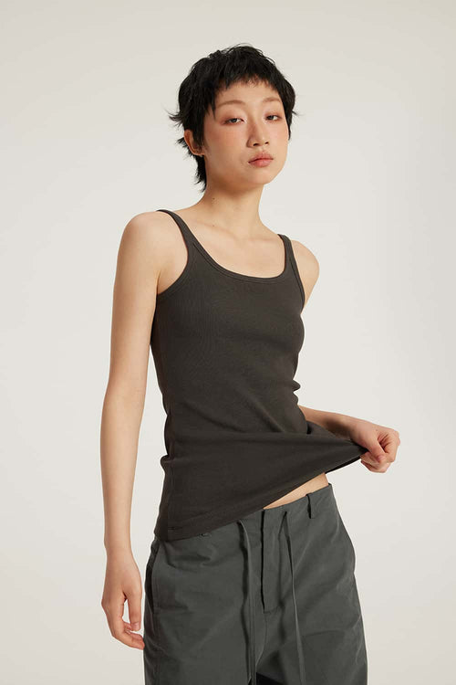 Ribbed Square-Neck Fitted Tank - Dark Gray