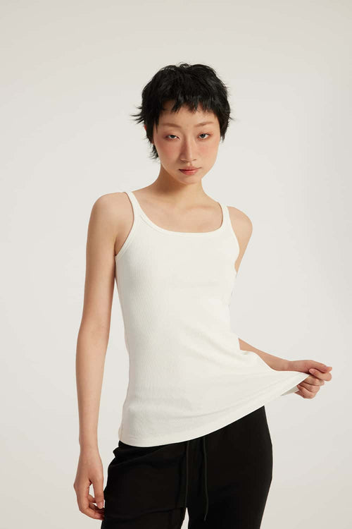 Ribbed Square-Neck Fitted Tank - Off White