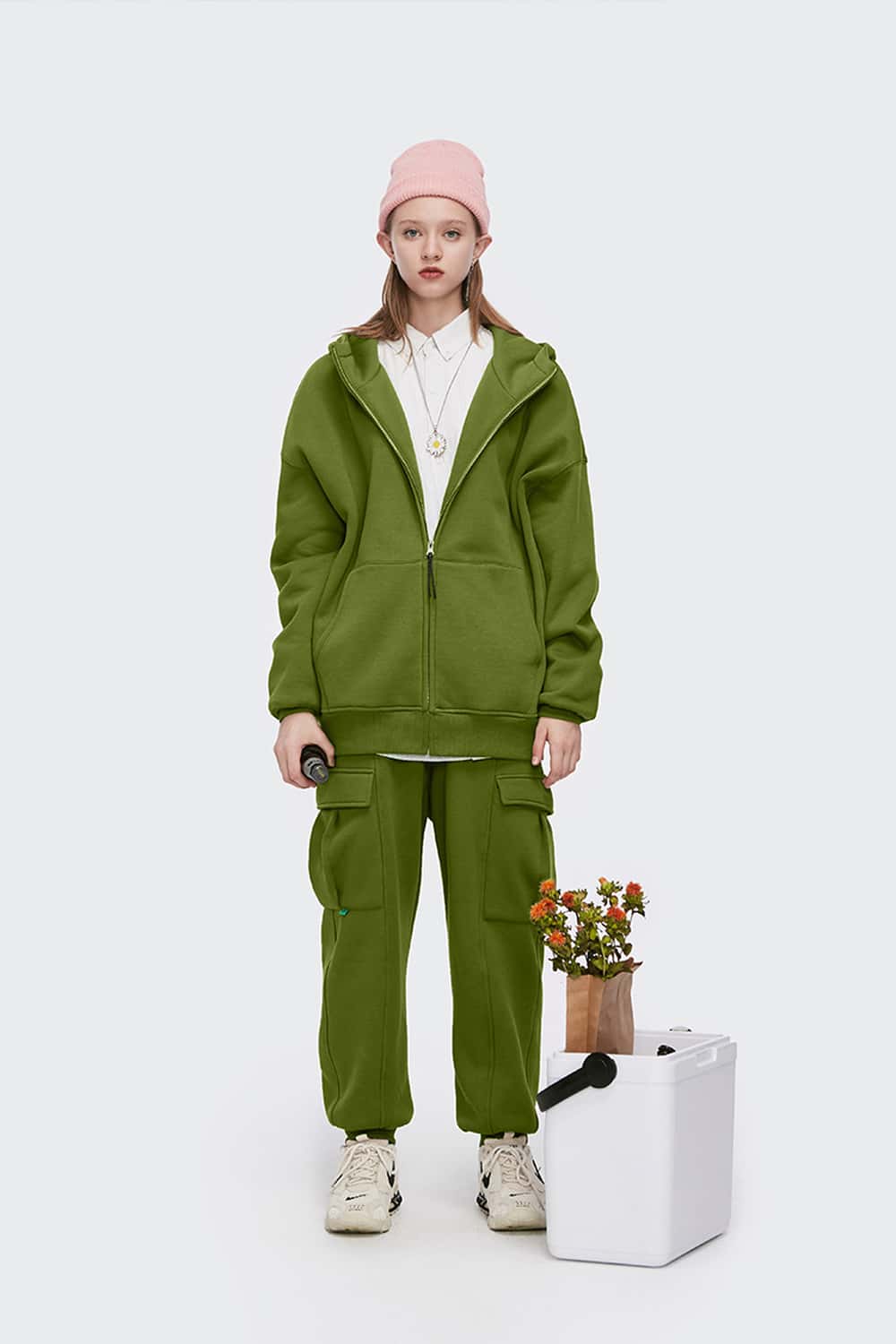 Fleece High-Zip Hooded Jacket - Green