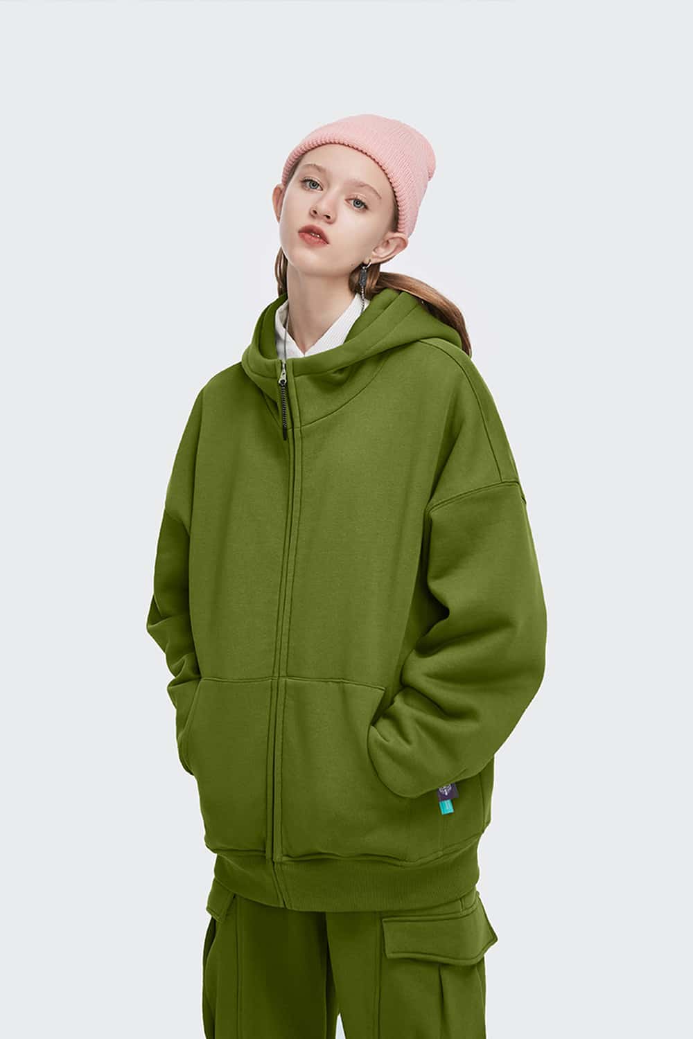 Fleece High-Zip Hooded Jacket - Green
