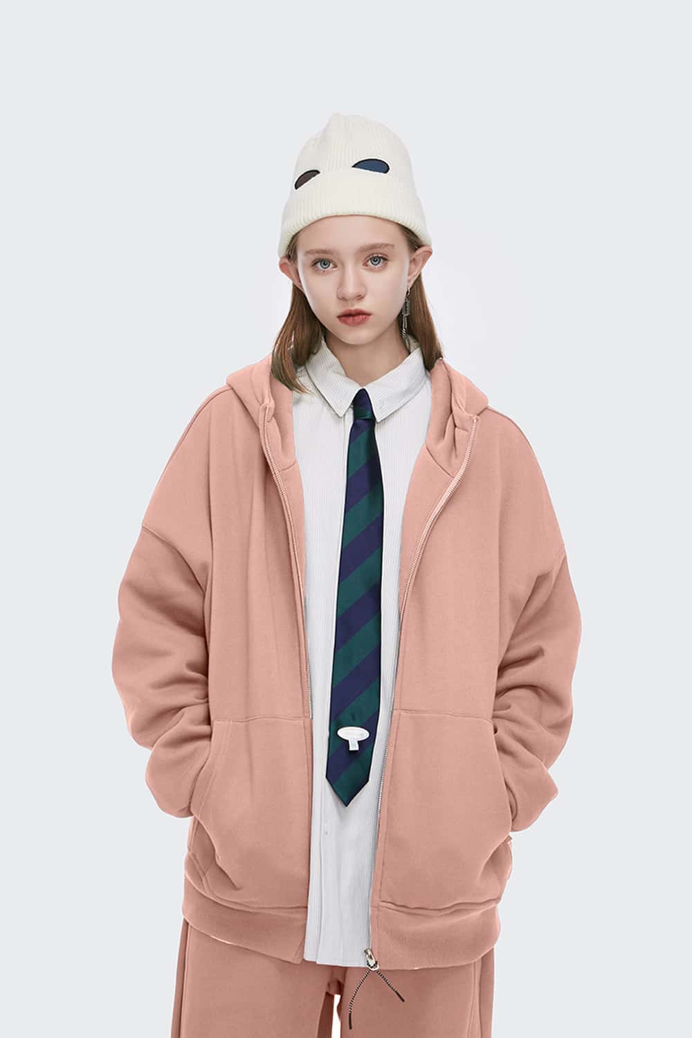 Fleece High-Zip Hooded Jacket - Pale Pink