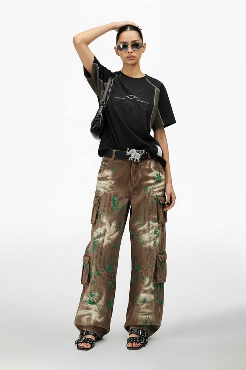 Paneled Graphic Loose Fit T-Shirt - Black