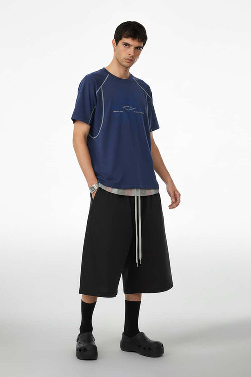 Paneled Graphic Loose Fit T-Shirt - Blue
