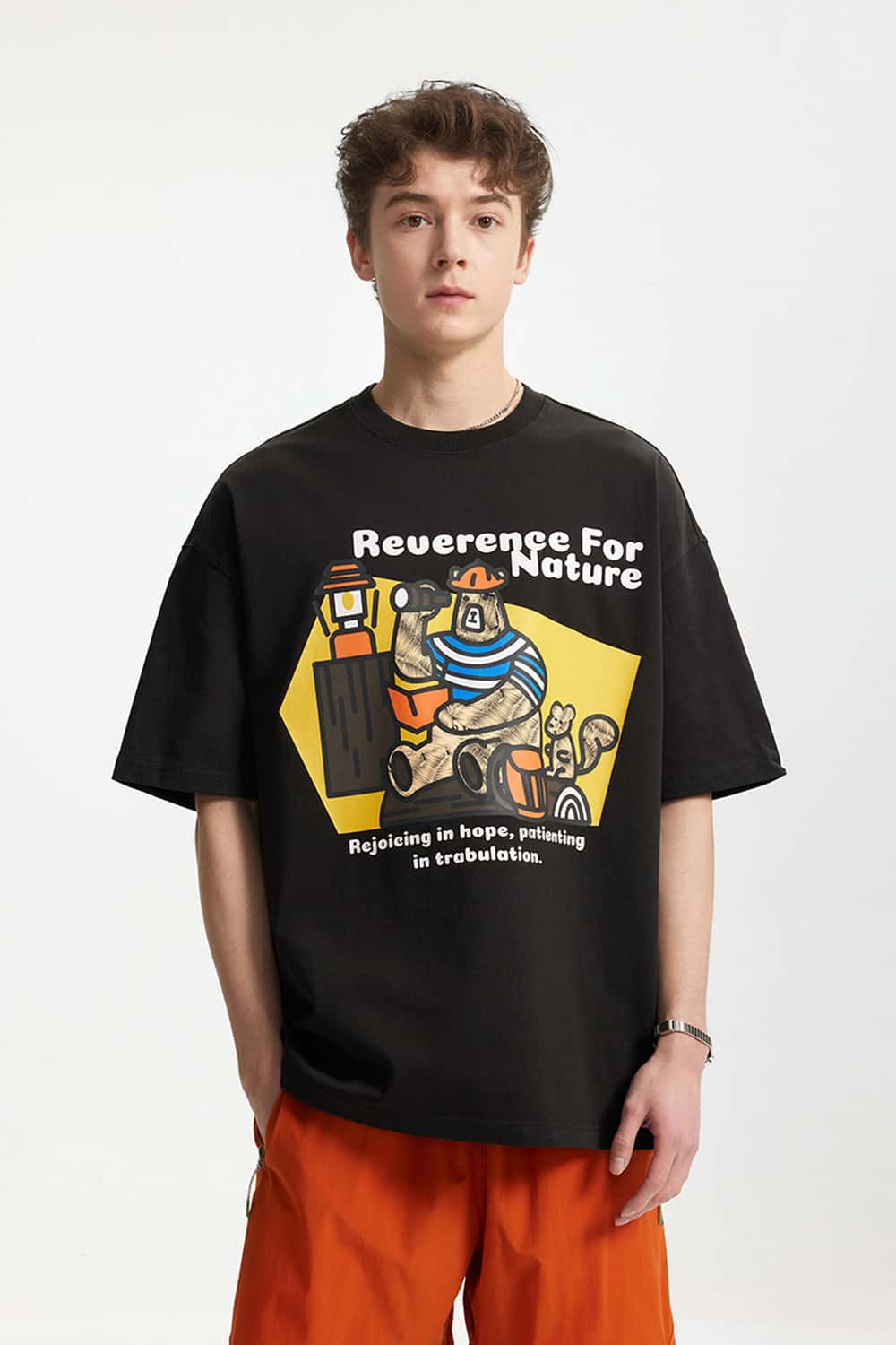 Camping Bear Graphic Loose T-Shirt - Black