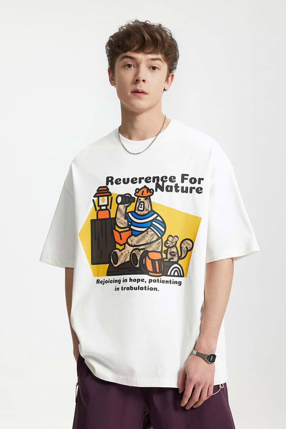 Camping Bear Graphic Loose T-Shirt - White