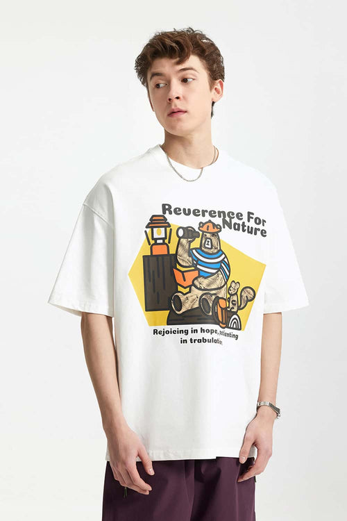 Camping Bear Graphic Loose T-Shirt - White