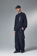 Fleece Zip Pocket Crewneck Sweatshirt - Navy Blue