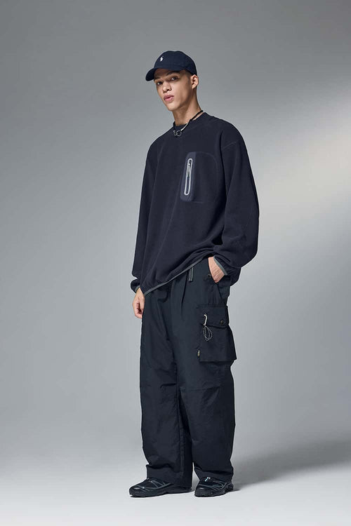 Fleece Zip Pocket Crewneck Sweatshirt - Navy Blue
