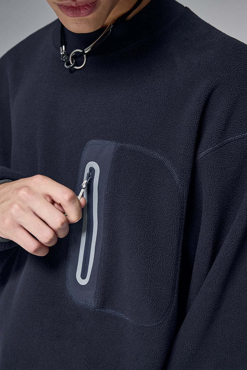 Fleece Zip Pocket Crewneck Sweatshirt - Navy Blue
