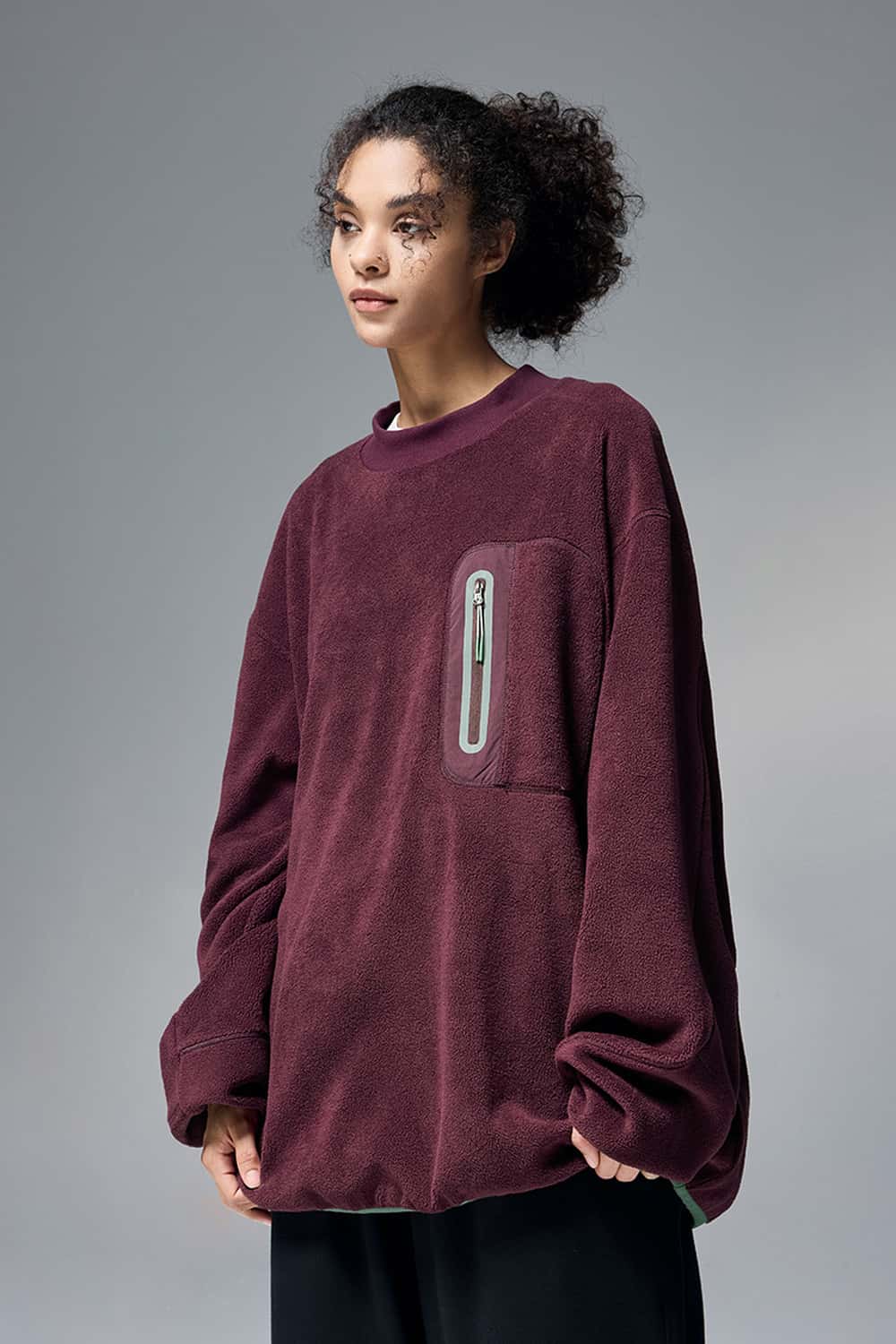 Fleece Zip Pocket Crewneck Sweatshirt - Red