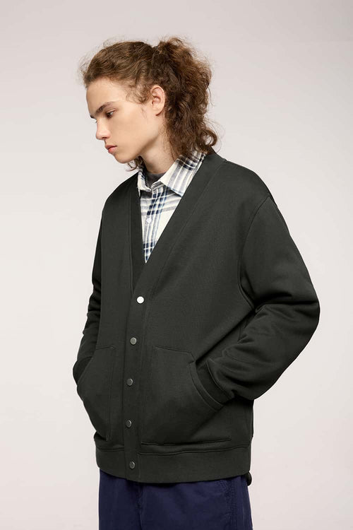 Fleece Snap-Front Cardigan Jacket - Dark Gray