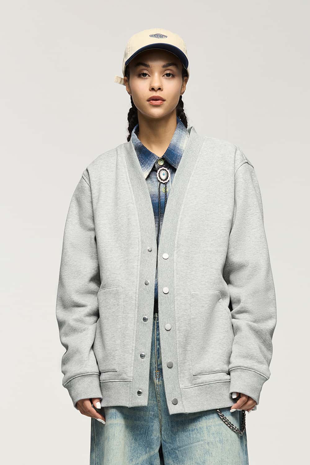 Fleece Snap-Front Cardigan Jacket - Flower Gray