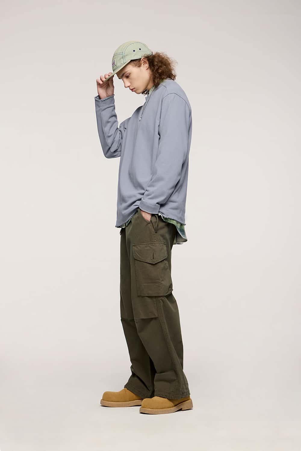 Raw-Edge Loose Fit Sweatshirt - Grayish Blue