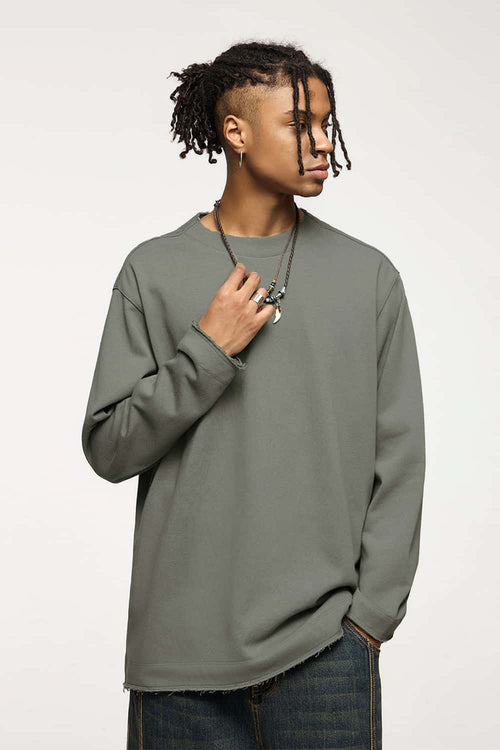 Raw-Edge Loose Fit Sweatshirt - Grayish Green