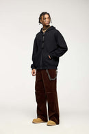 Frog-Closure Fleece Hooded Jacket - Black