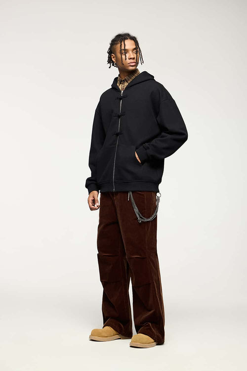 Frog-Closure Fleece Hooded Jacket - Black