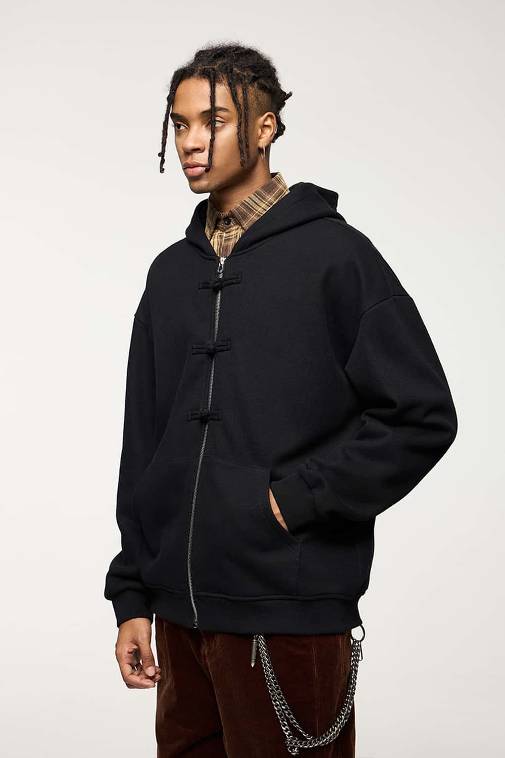 Frog-Closure Fleece Hooded Jacket - Black