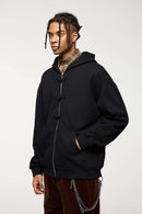 Frog-Closure Fleece Hooded Jacket - Black