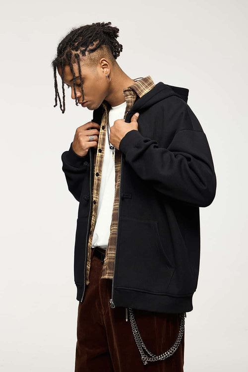 Frog-Closure Fleece Hooded Jacket - Black