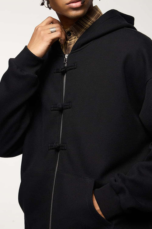 Frog-Closure Fleece Hooded Jacket - Black