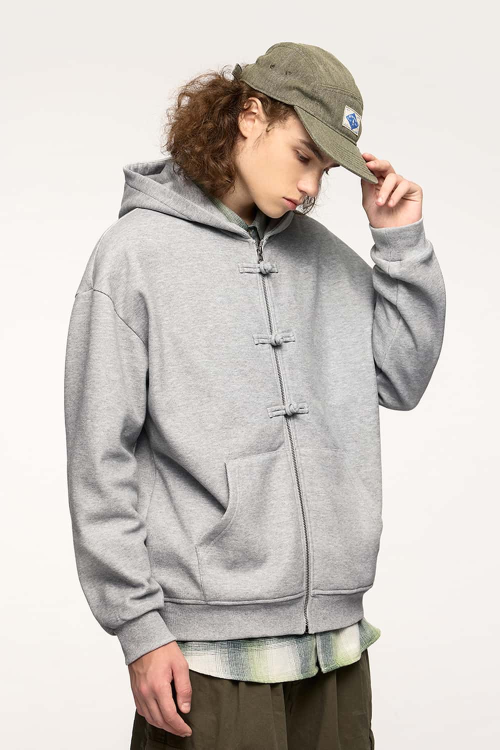 Frog-Closure Fleece Hooded Jacket - Flower Gray