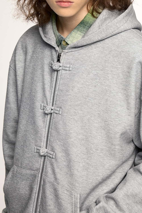 Frog-Closure Fleece Hooded Jacket - Flower Gray