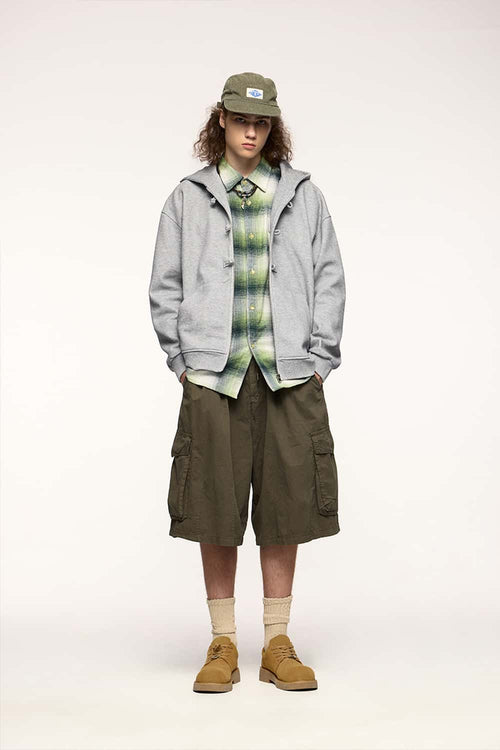 Frog-Closure Fleece Hooded Jacket - Flower Gray