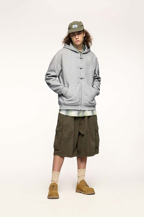 Frog-Closure Fleece Hooded Jacket - Flower Gray