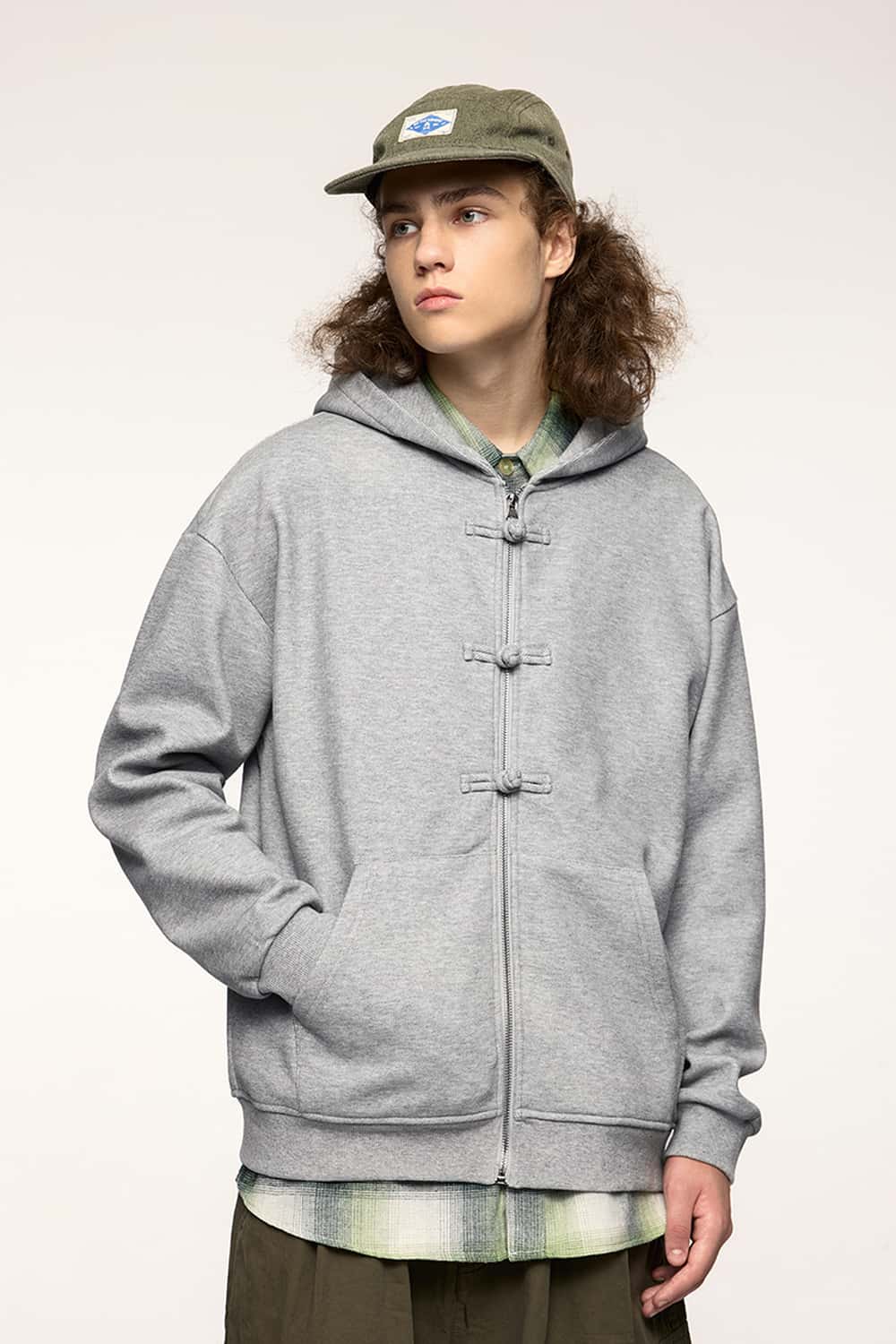 Frog-Closure Fleece Hooded Jacket - Flower Gray