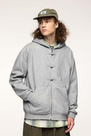 Frog-Closure Fleece Hooded Jacket - Flower Gray