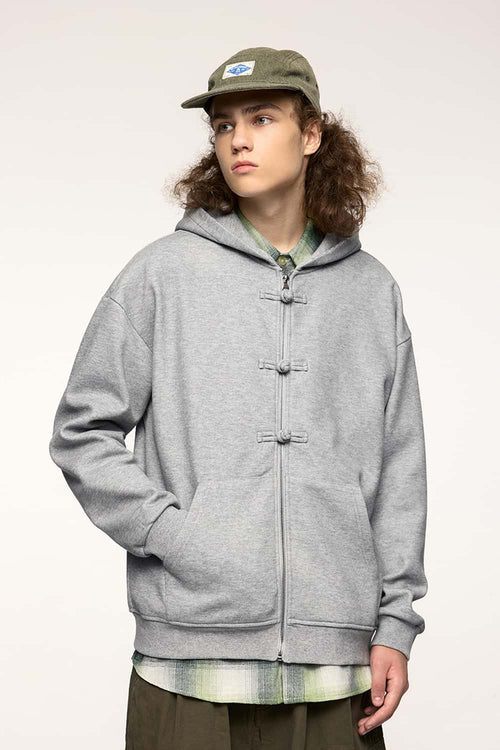 Frog-Closure Fleece Hooded Jacket - Flower Gray