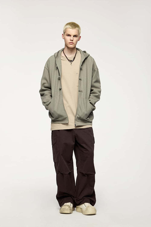 Frog-Closure Fleece Hooded Jacket - Grayish Green