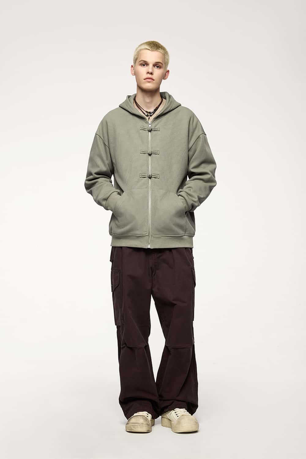 Frog-Closure Fleece Hooded Jacket - Grayish Green
