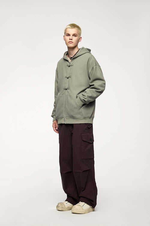 Frog-Closure Fleece Hooded Jacket - Grayish Green