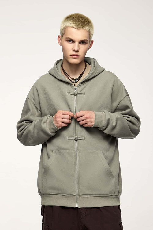 Frog-Closure Fleece Hooded Jacket - Grayish Green