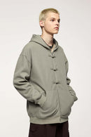 Frog-Closure Fleece Hooded Jacket - Grayish Green