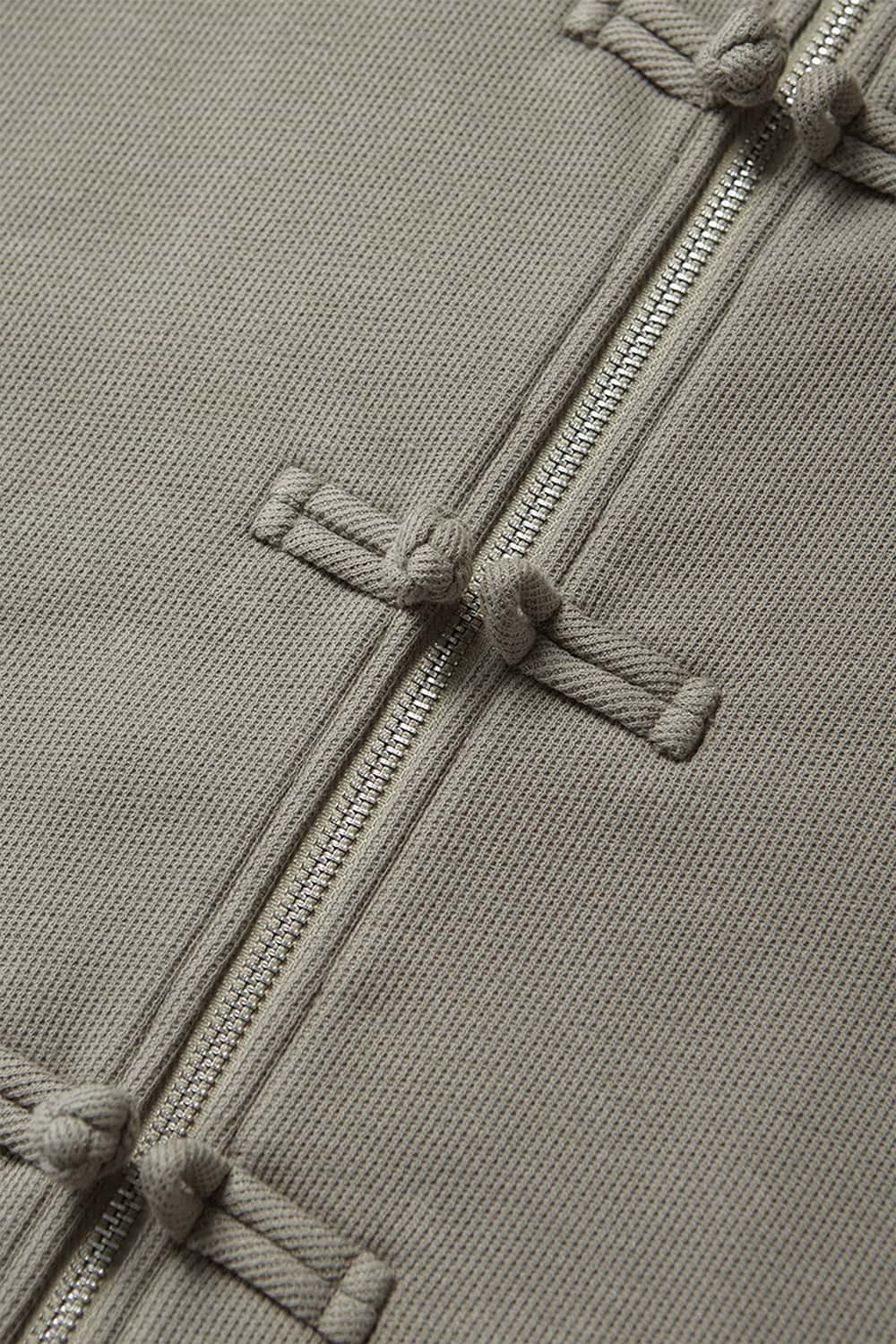 Frog-Closure Fleece Hooded Jacket - Grayish Green