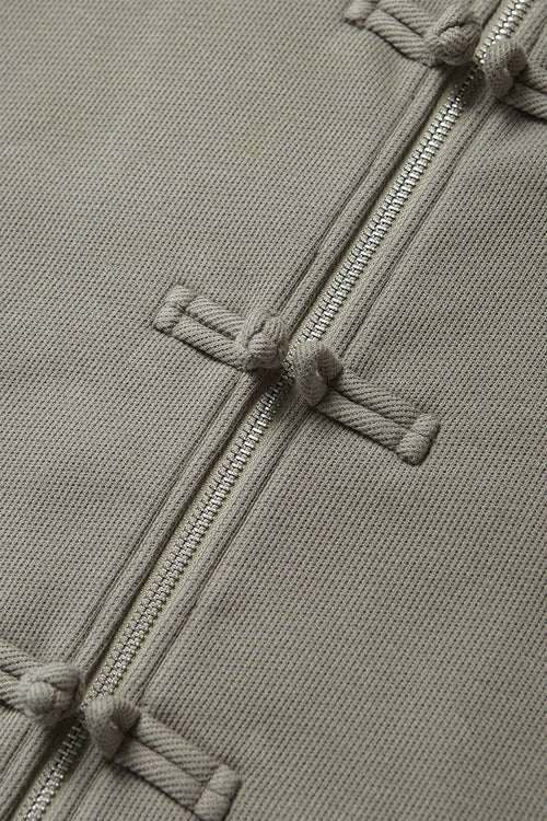 Frog-Closure Fleece Hooded Jacket - Grayish Green