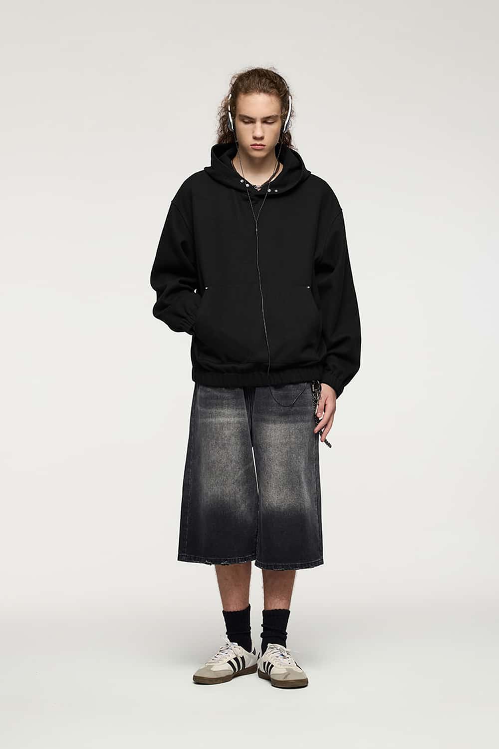 Studded Cropped Fleece Hoodie - Black