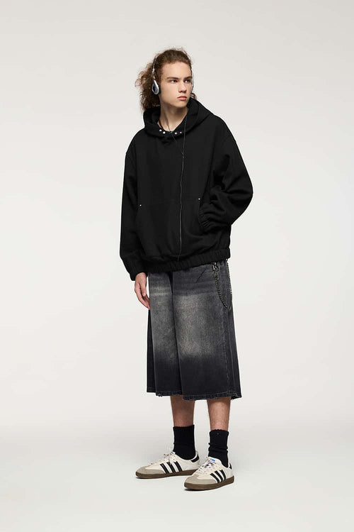 Studded Cropped Fleece Hoodie - Black