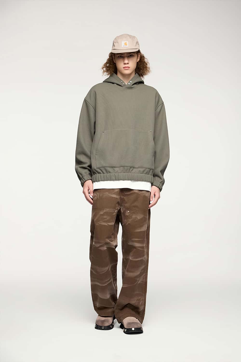 Studded Cropped Fleece Hoodie - Grayish Green