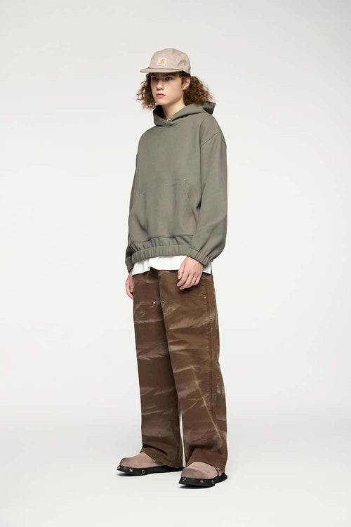 Studded Cropped Fleece Hoodie - Grayish Green