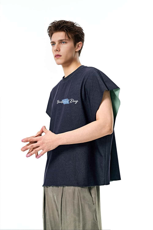 Contrast Boxy Sleeveless Tee - Navy Blue