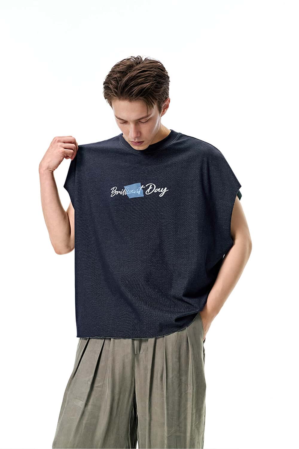 Contrast Boxy Sleeveless Tee - Navy Blue