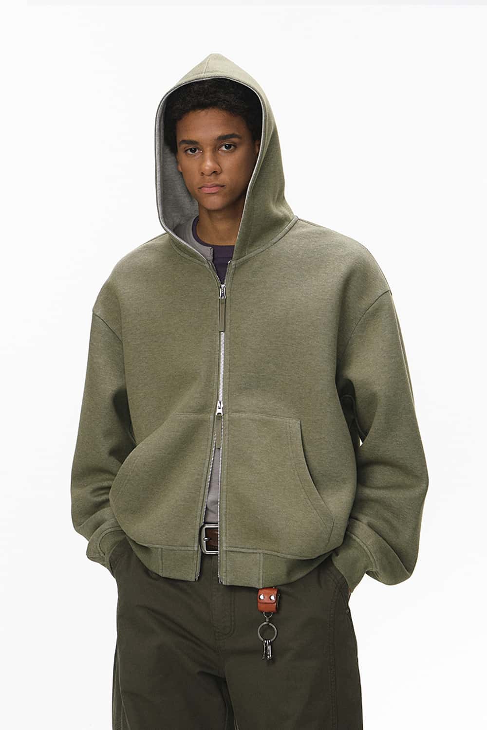 Colorblock Reversible Zip Hoodie - Grayish Green