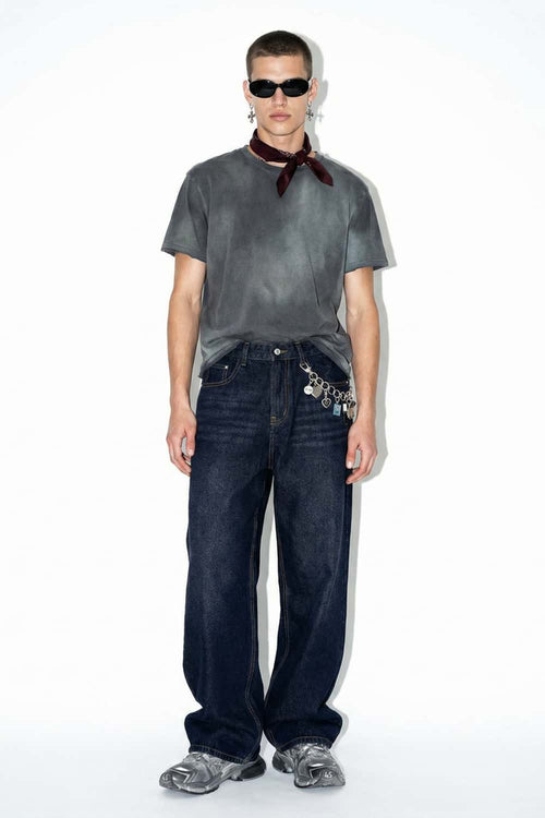 Wide-Leg Washed Denim Jeans - Blue