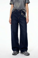 Wide-Leg Washed Denim Jeans - Blue